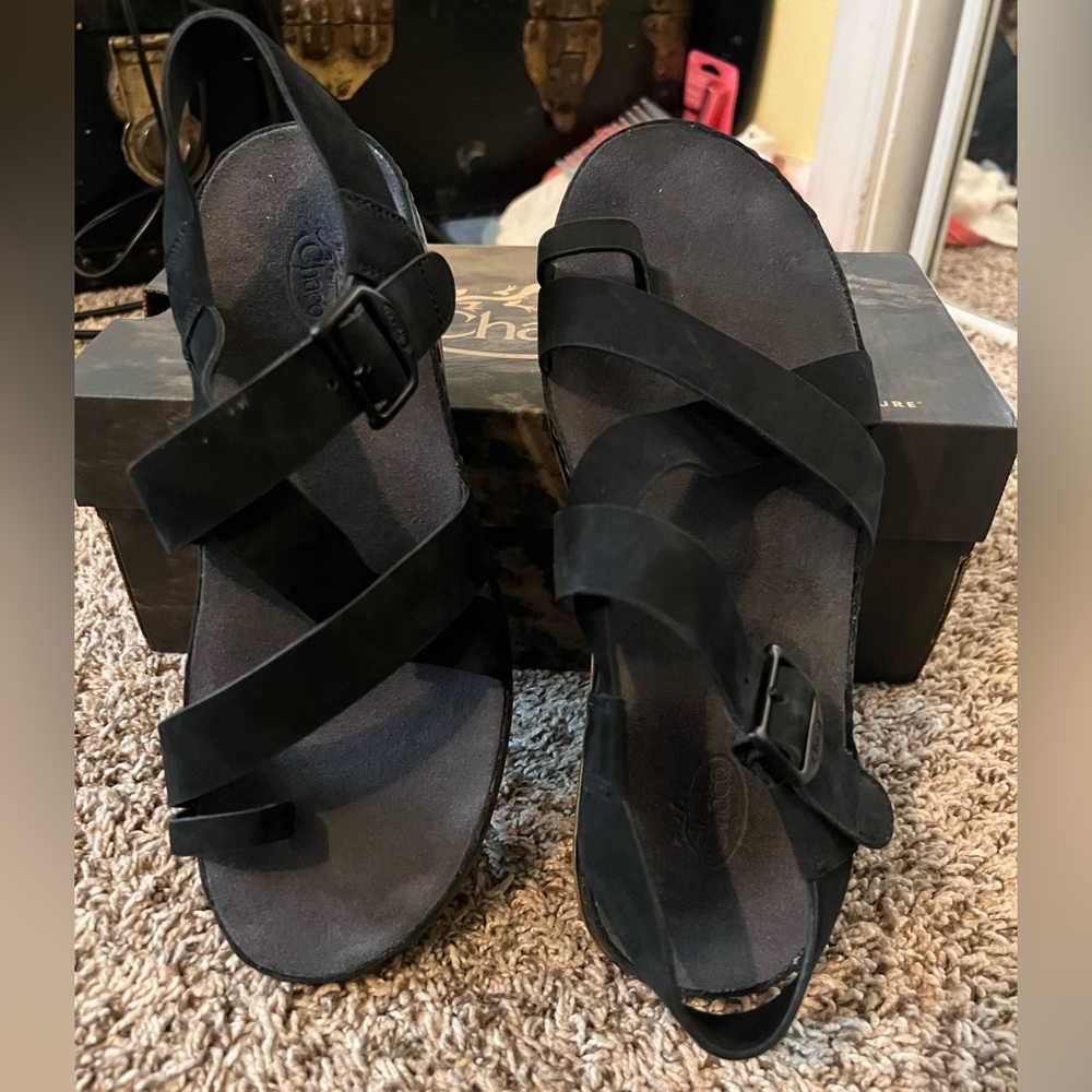 Chaco black leather sandals.